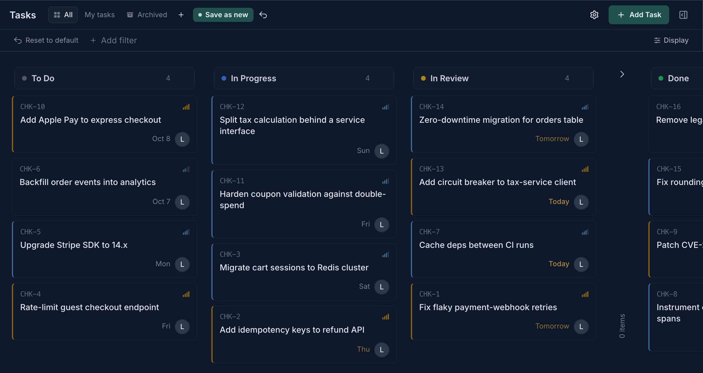 A task board with To Do, In Progress, In Review and Done columns